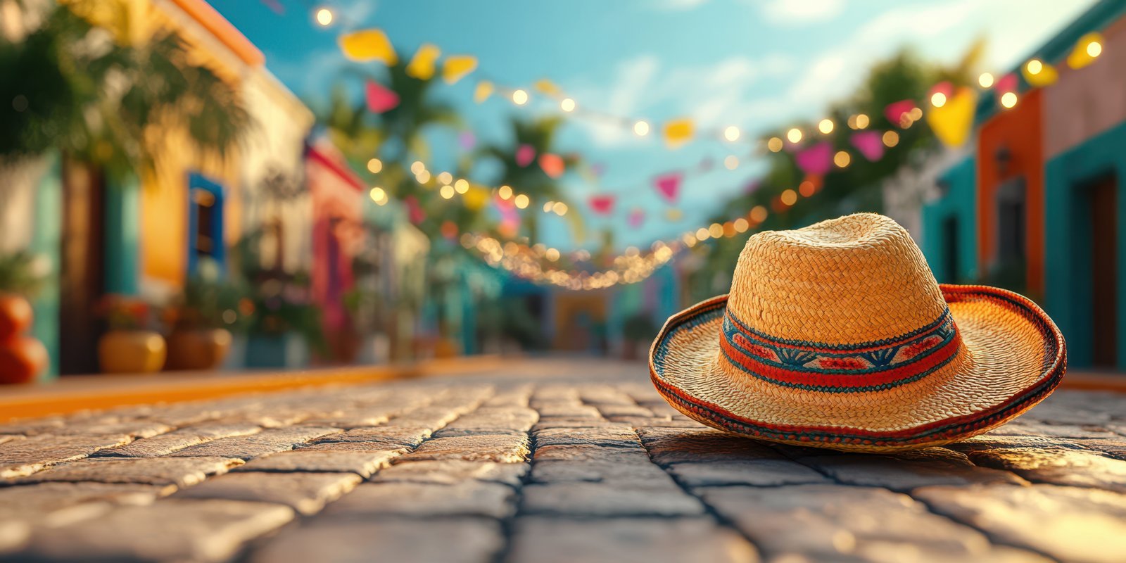 Colorful street adorned with festive decorations and a traditional hat resting on cobblestones during a celebration